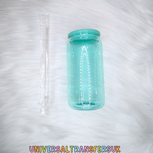 16oz Teal Coloured clear Libbey glass cup with plastic lid