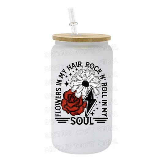 Flowers in my hair, rock in my soul black 3" / 7.62cm wide uvdtf single sticker (POD)