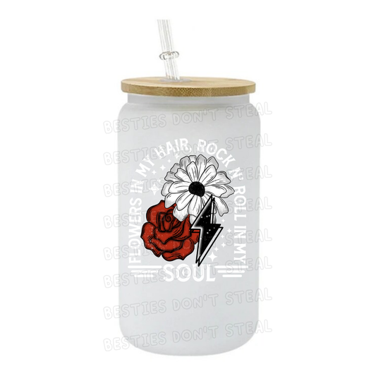 Flowers in my hair, rock in my soul white 3" / 7.62cm wide uvdtf single sticker (POD)