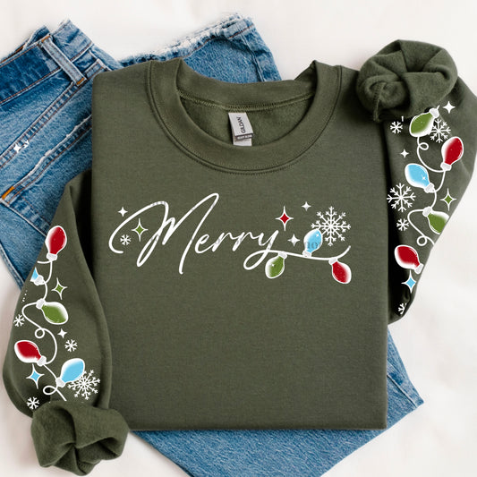 Merry festive Lights white outlines with sleeves | DTF TRANSFER