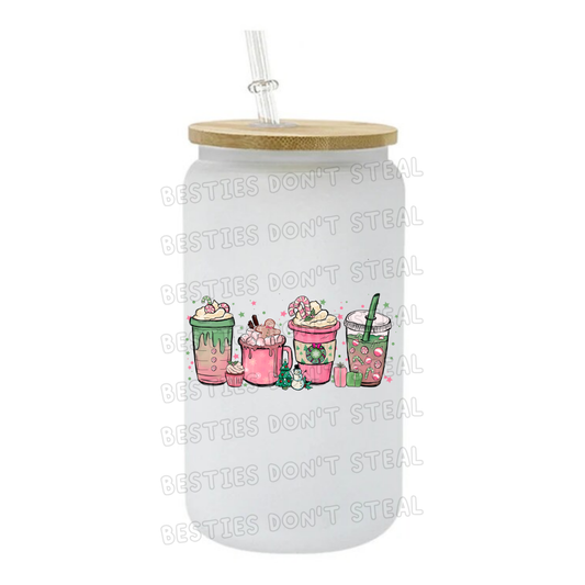 Pink & green Christmas cups 3" / 7.62cm wide uvdtf single sticker (POD)