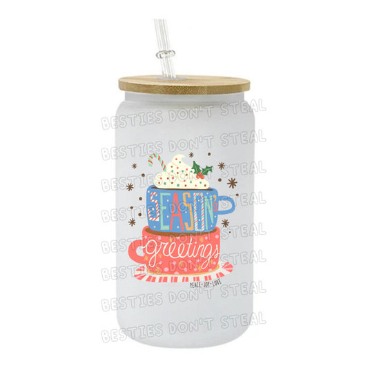 Season greetings hot chocolate 3" / 7.62cm wide uvdtf single sticker (POD)