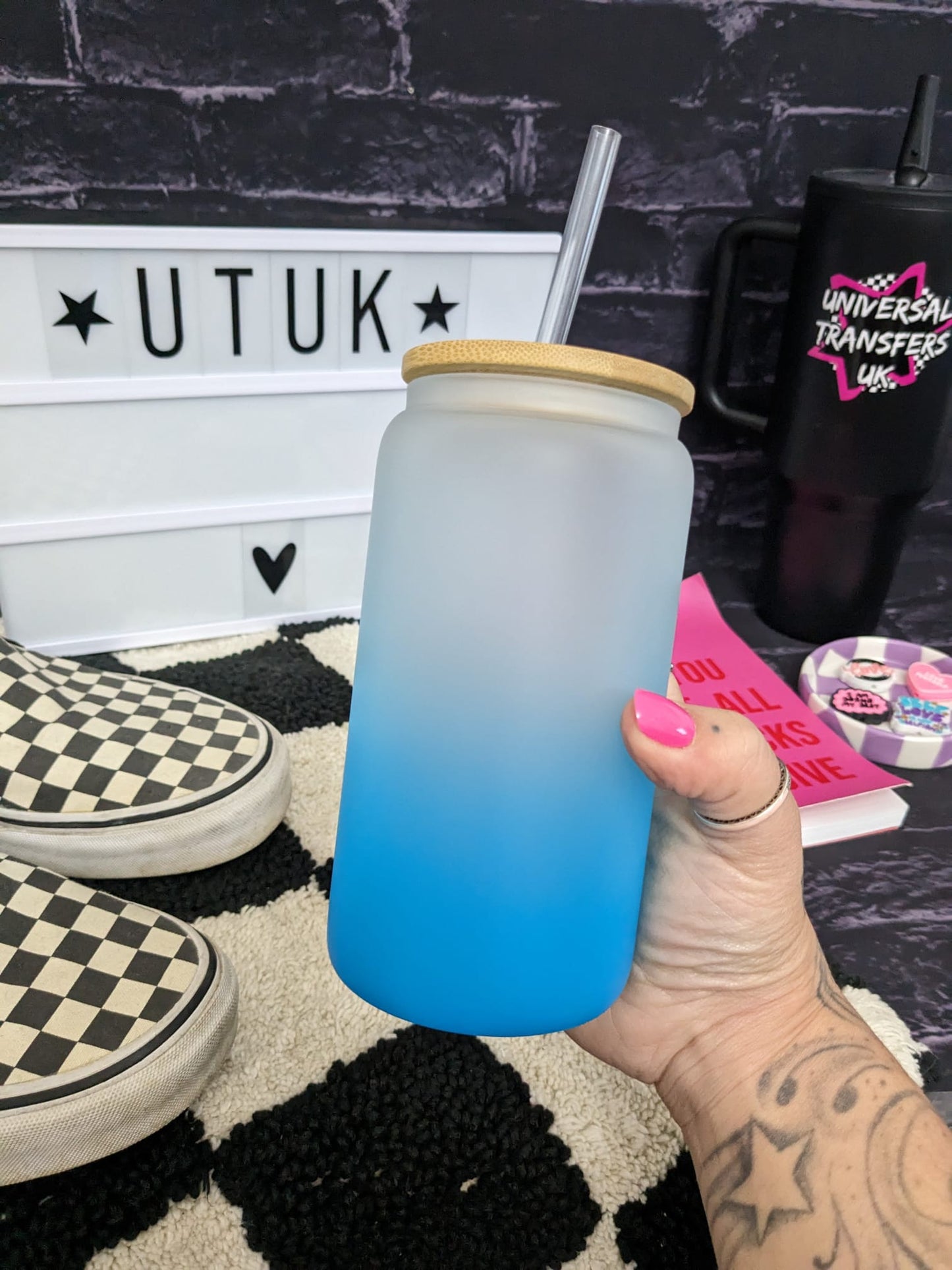 16oz - Frosted to sky blue Ombre Glass Sublimation Can